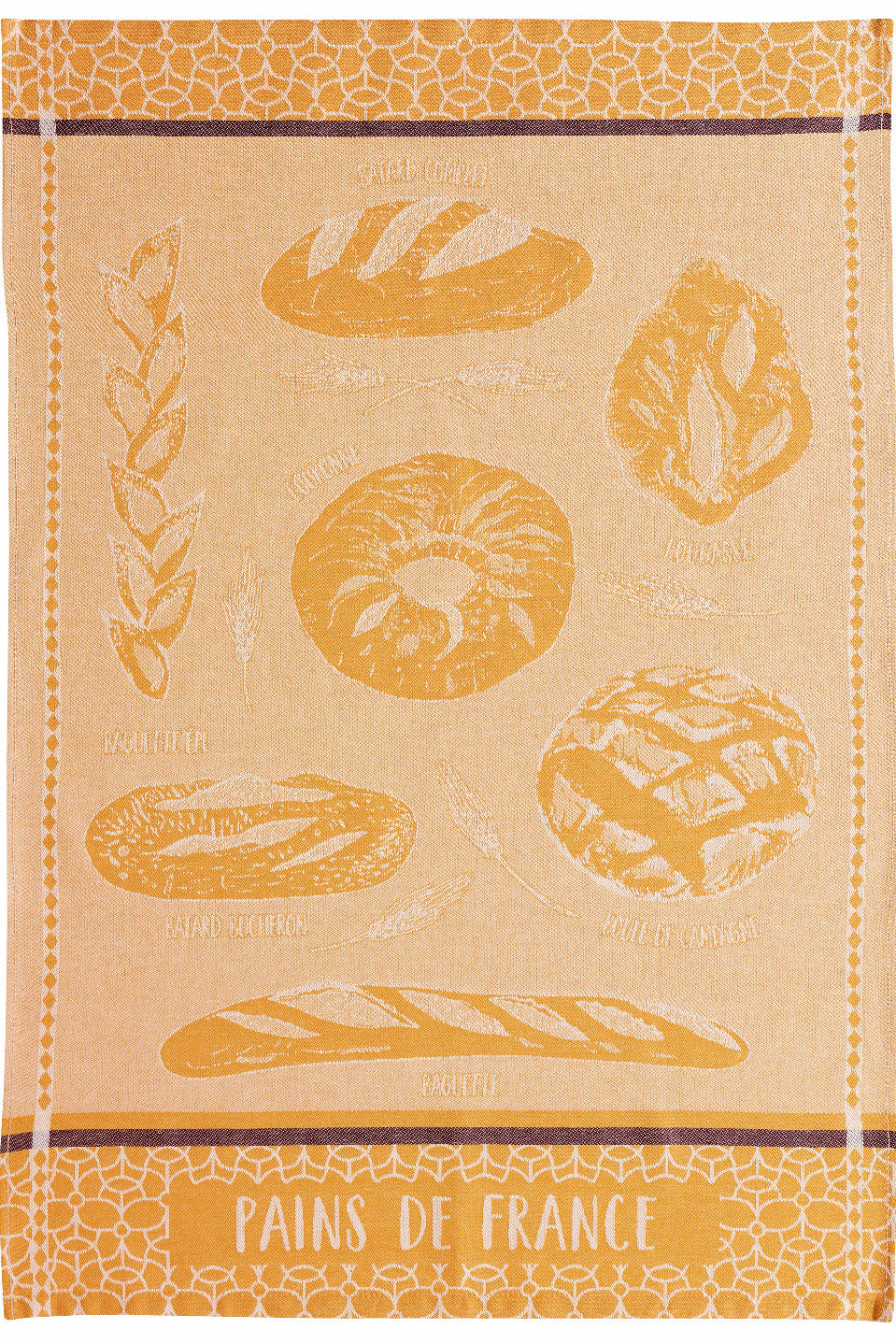Beige towel with yellow bread illustrations and 'Pains de France' text