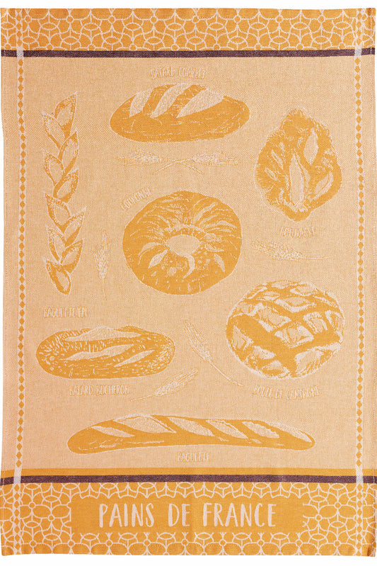 Beige towel with yellow bread illustrations and 'Pains de France' text