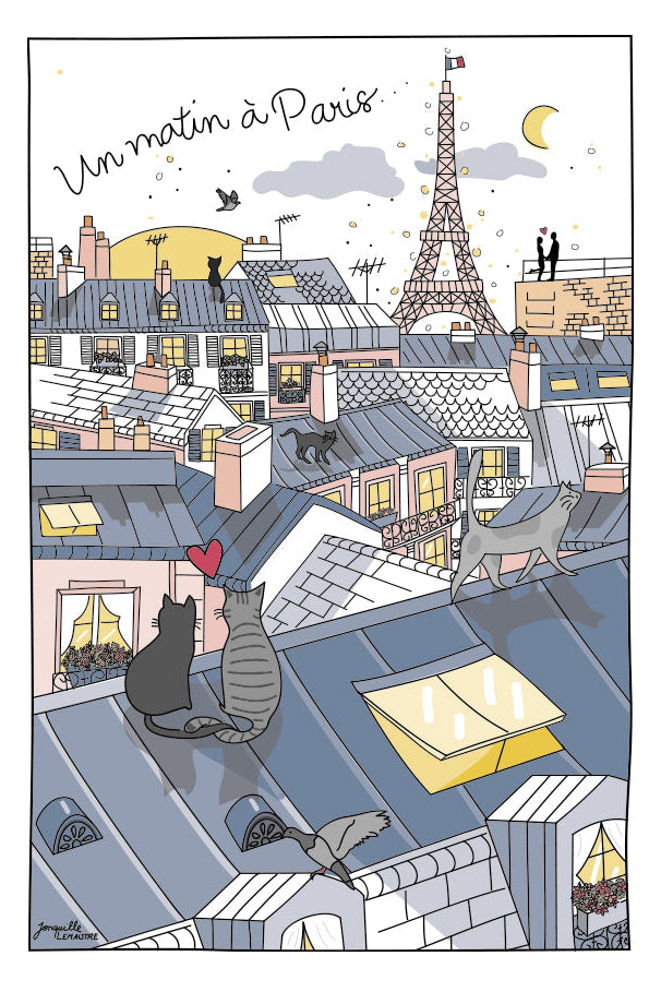 Illustration of cats on rooftops in Paris with the Eiffel Tower in the background.