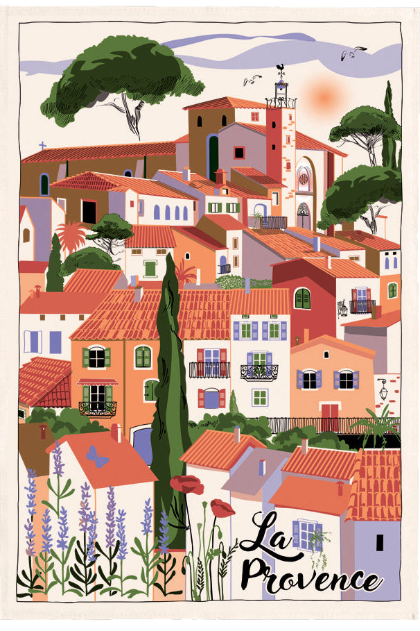 Illustration of a French village with 'La Provence' featuring colorful houses and lavender.