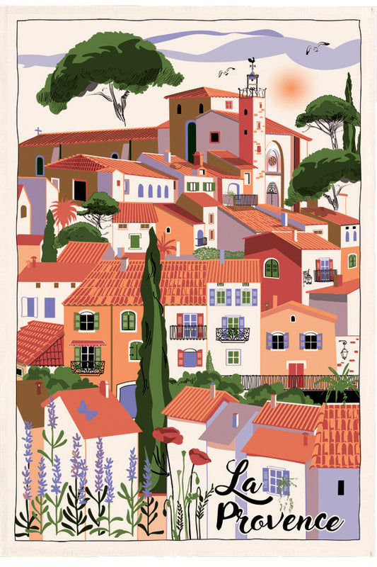 Illustration of a French village with 'La Provence' featuring colorful houses and lavender.