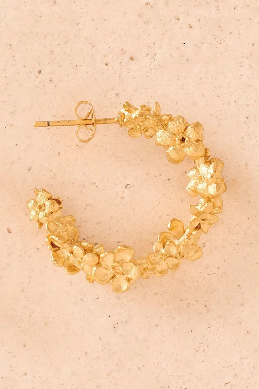 Gold hoop earrings on a beige background