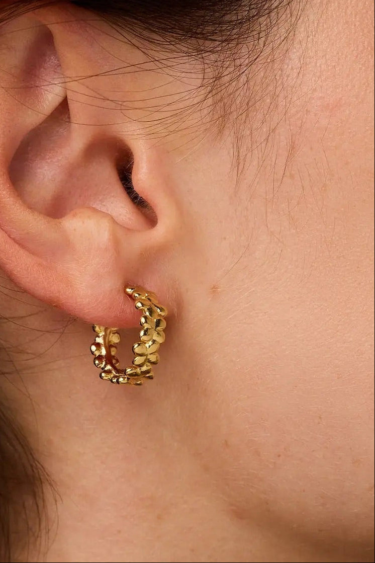 Gold hoop earrings worn by a person.