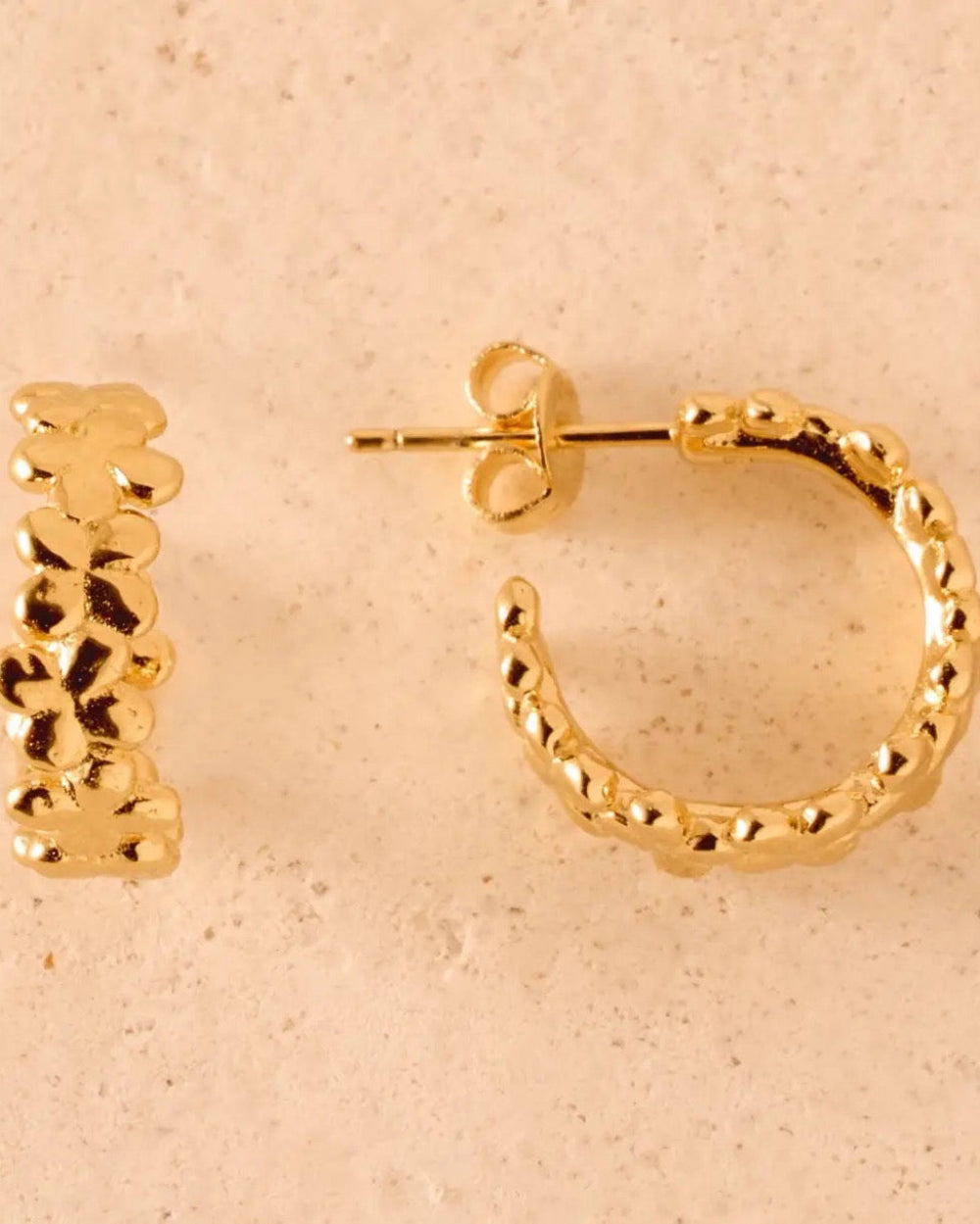 Gold hoop earrings on a beige background